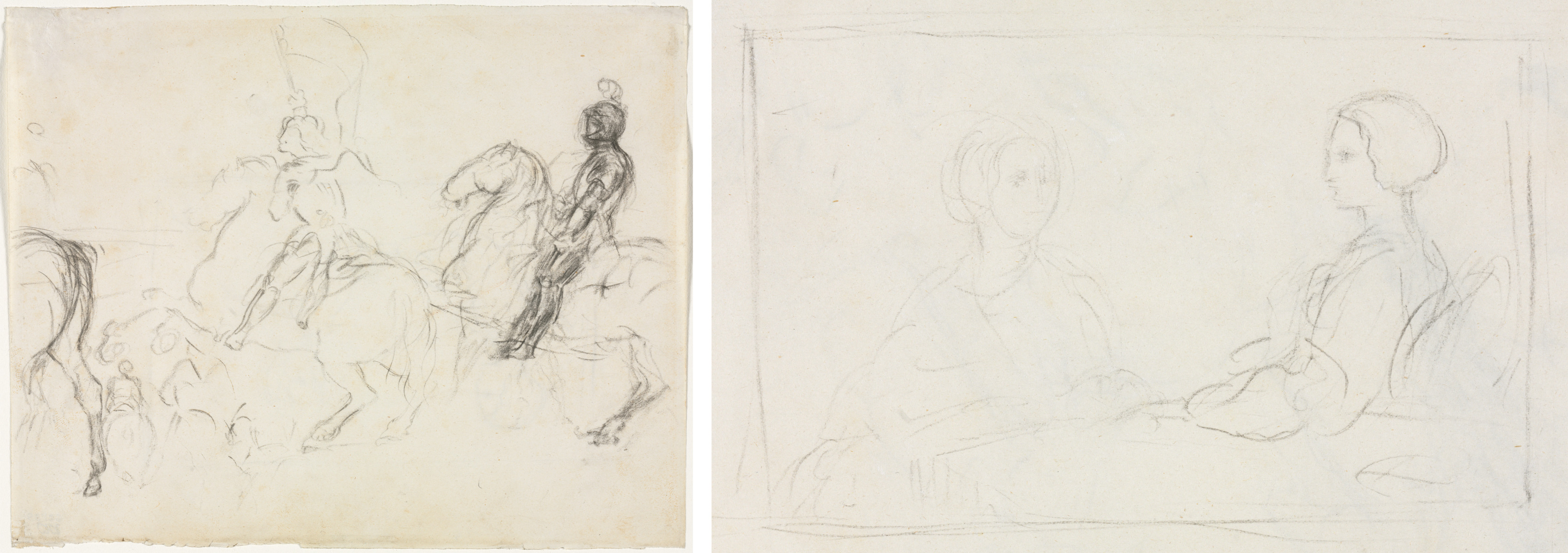 Edgar Degas, Battle Scene with Armored Figures on Horseback (recto) Two Seated Women (verso)