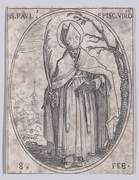 Jacques Callot, S. Paul, évêque de Verdun (St. Paul, Bishop of Verdun), February 8th, from "Les Images De Tous Les Saincts et Saintes de L'Année" (Images of All of the Saints and Feast Days of the Year)