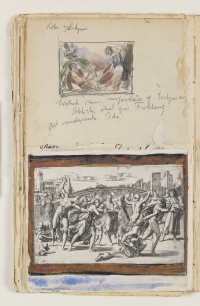J.A. Jerichau (II), Studie til eller efter kunstnerens maleri "Loke" og "Sigyn". Desuden indklæbet foto af "Barnemordet i Bethlehem", stik af M.A. Raimondi efter Raphael
