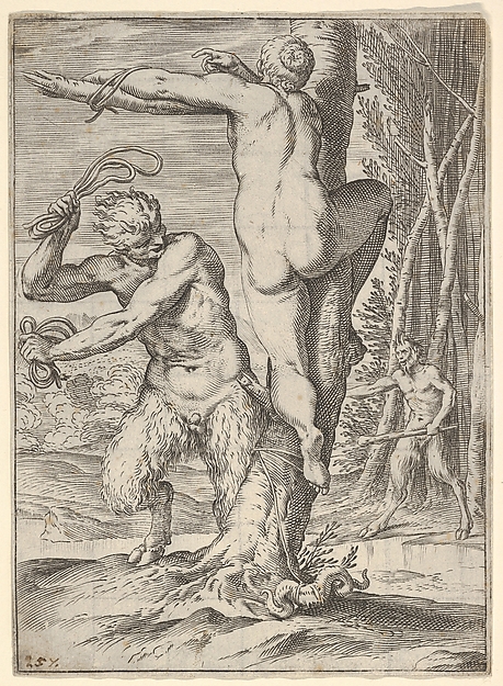 Agostino Carracci, Satyr whipping a nymph, who is shown from behind and bound to a tree, a second satyr bearing a club stands in the middle ground