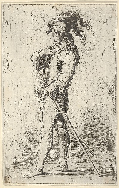 Salvator Rosa, A warrior facing left wearing a plumed hat and holding a cane, from "Figurine"
