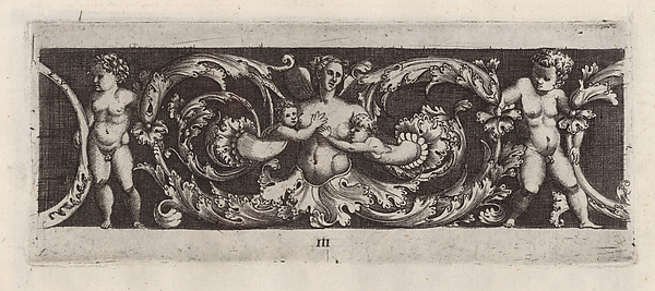 Enea Vico, Frieze with Rinceaux, a Siren and Four Children