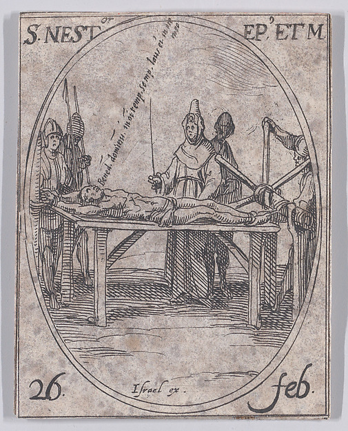 Jacques Callot, S. Nestor, évêque et martyr (St. Nestor, Bishop and Martyr), February 26th, from "Les Images De Tous Les Saincts et Saintes de L'Année" (Images of All of the Saints and Religious Events of the Year)