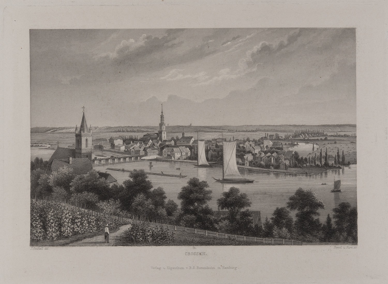 B. S. Berendsohn (Hamburg), Crossen/Oder [Krosno Odrzańskie]: Stadtansicht von Nordwesten (Brandenburgisches Album, Blatt 14)