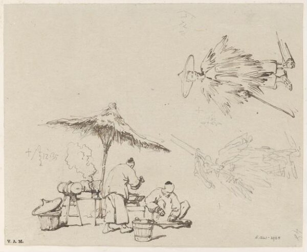 George Chinnery, Studies of two Chinese blacksmiths working beneath a sunshade, and of a Chinese man in wet-weather dress