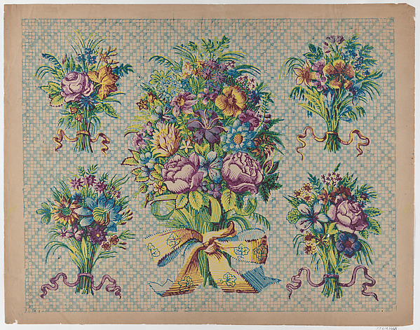 Anonymous, Sheet with five bouquets on a blue checkered background