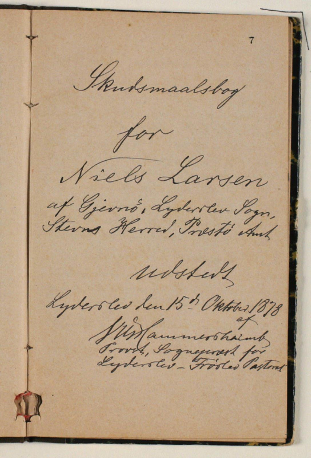Niels Larsen Stevns, Skudsmål o.a. for Niels Larsen Stevns 1878 af præsten i Lyderslev