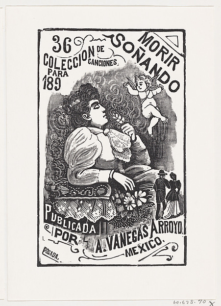 José Guadalupe Posada, Profile of a woman sitting in a chair with her head back and holding a flower, illustration for 'Morir Soñando,' published by Antonio Vanegas Arroyo