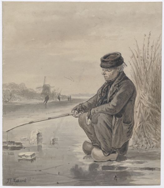 Kikkert, Jan Elias, (1843-1925), (artist), Ice fishing man (verso: upper half of a nude bearded man)