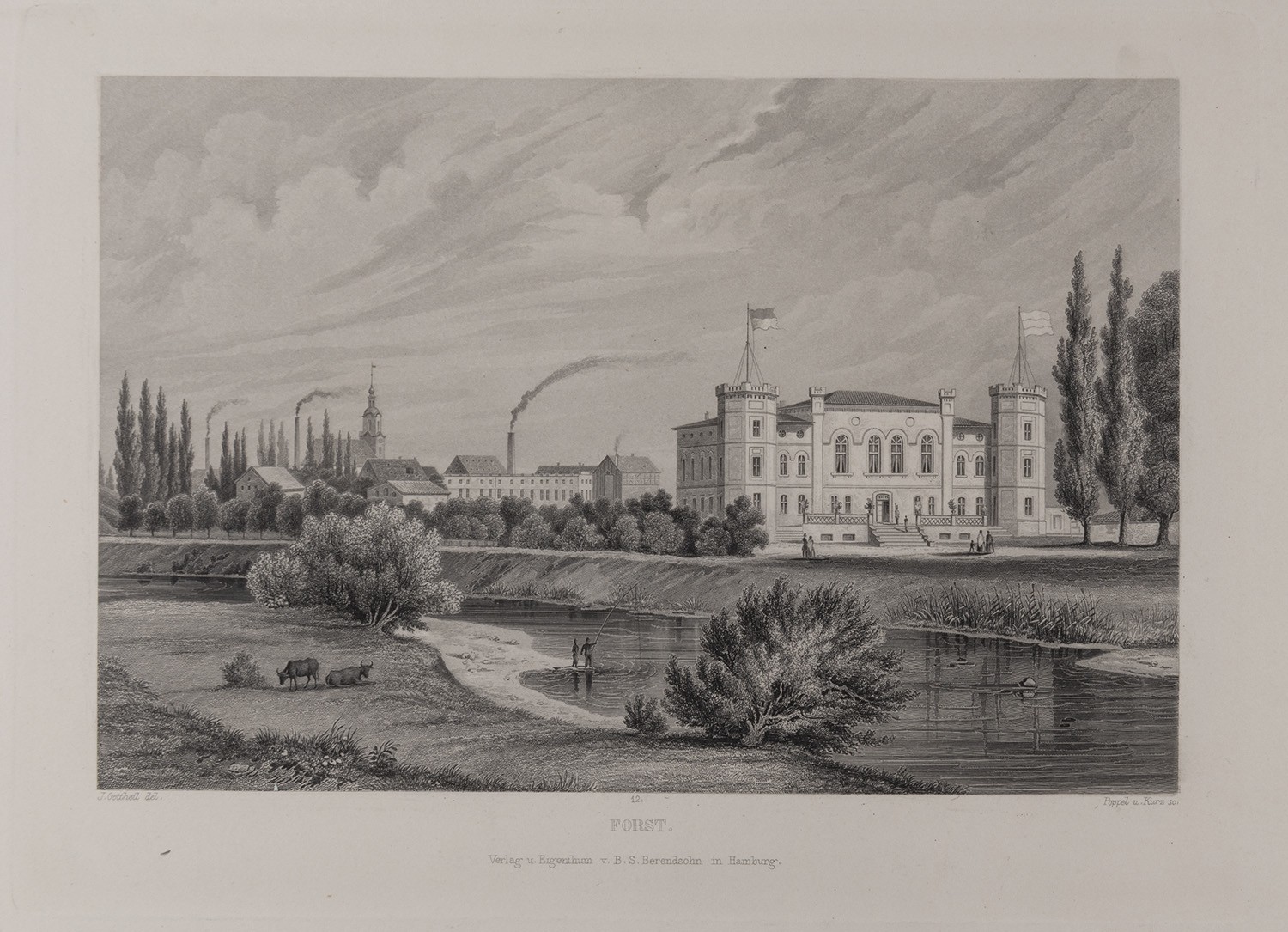 B. S. Berendsohn (Hamburg), Forst (Lausitz): Stadtansicht von Nordosten (Brandenburgisches Album, Blatt 12)