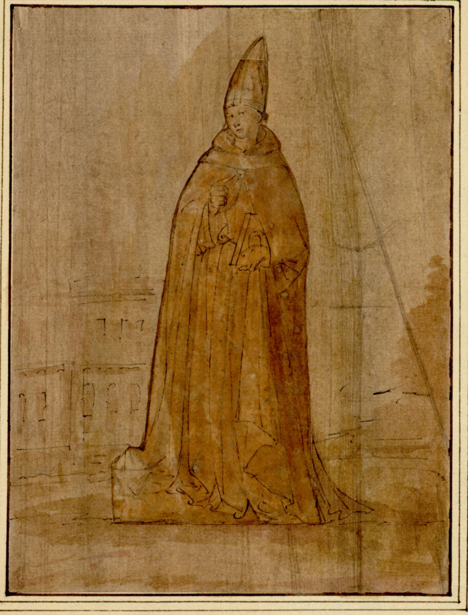 Anonym, Figur eines in Vorderansicht stehenden heiligen Dominikanerbischofs mit einem Buch in der Linken. Auf dem Untersatzpapier ist als Hintergrund ein zweistöckiges Gebäude skizziert