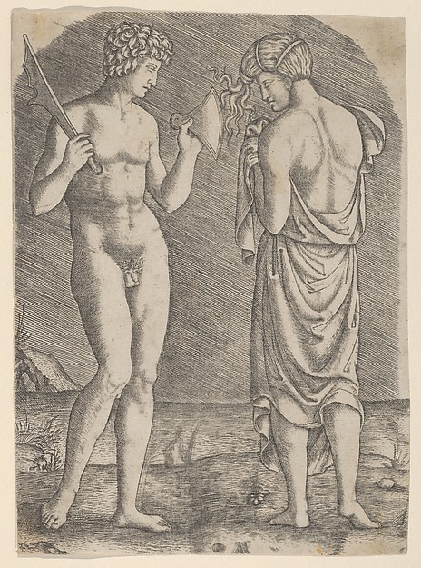 Marcantonio Raimondi, A naked man at left showing an axe to a woman at right