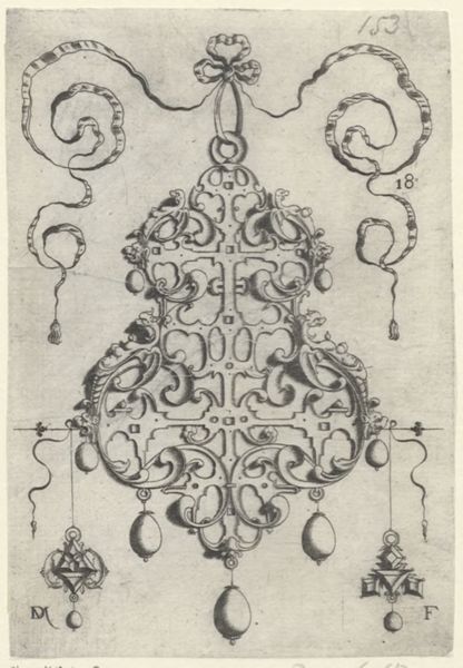Mignot, Daniel, (active 1593-1596), (printmaker), Strapwork pendants: Strapwork pendant with seven drops, lower left and right two earrings