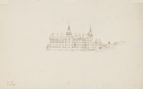 P.C. Skovgaard, Skitse af Frederiksborg slot set fra søen, audienshuset t.h.