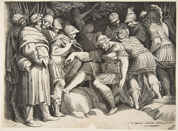 Giulio Bonasone, The wounded soldier Scipio in the centre surrounded by figures