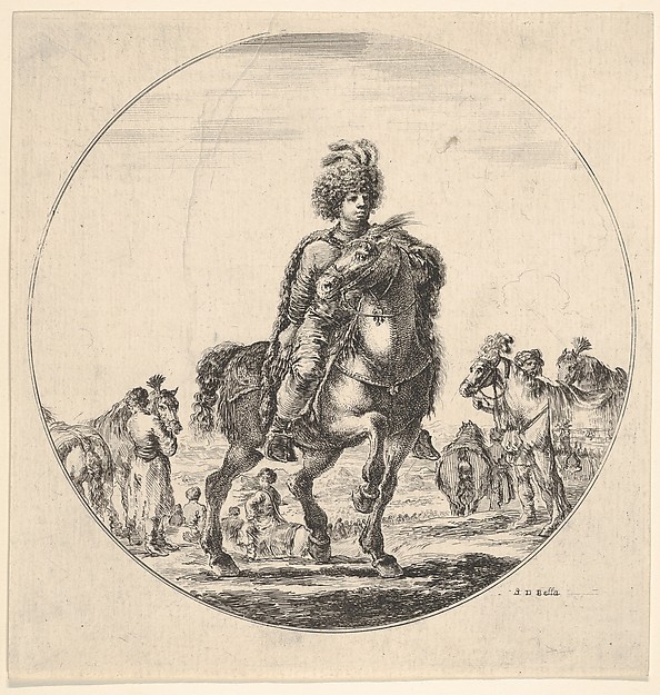 Stefano della Bella, Polish horseman facing right, a circular composition, from "Figures on Horseback" (Cavaliers nègres, polonais et hongrois)