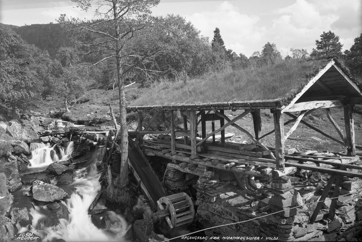 Hermann Christian Neupert, Oppgangssag fra Volda, Sunnmøre, Møre og Romsdal. Landskap med skog i bakgrunnen. Elv i forgrunnen.