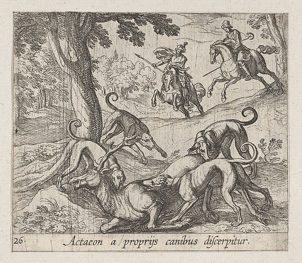 Antonio Tempesta, Plate 26: Actaeon Killed by His Dogs (Actaeon a proprÿs canibus discerpitur), from Ovid's 'Metamorphoses'