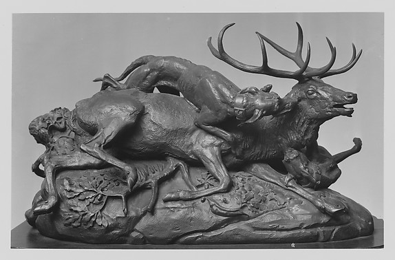 Antoine-Louis Barye, Ten-Point Stag Brought Down by Two Scotch Hounds (first version)
