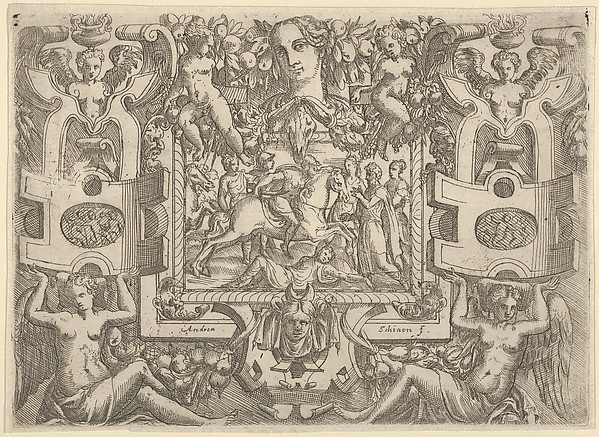 Battista Angolo del Moro, Figure on horseback holding a sword and riding over a figure lying on the ground, set within an elaborate frame