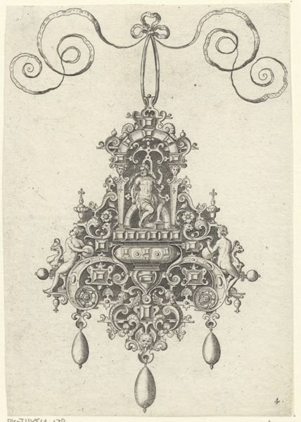 Collaert, Hans, (approximately 1530-1581), (printmaker), Designs for pendants: Mars seated beneath an arch
