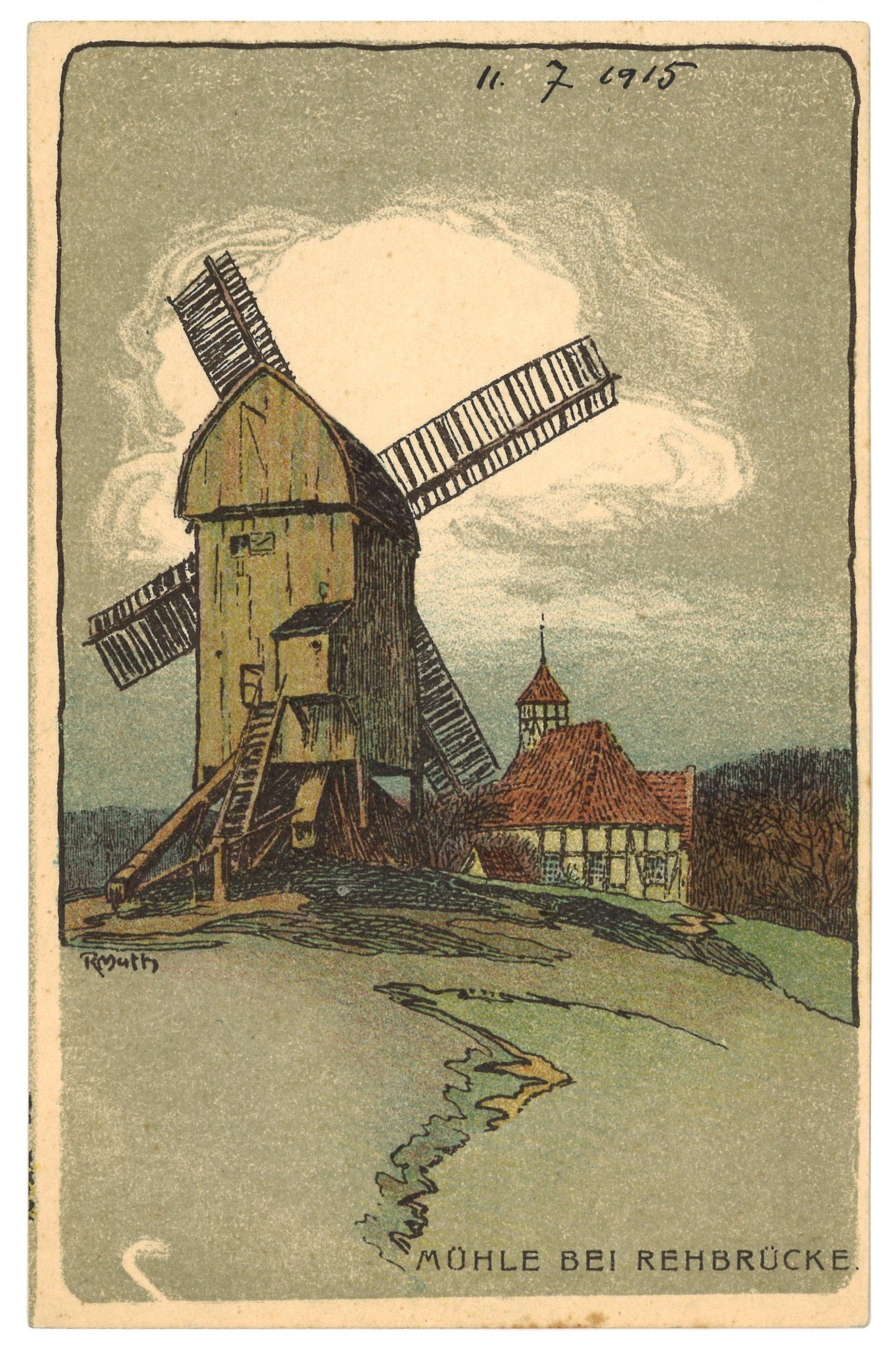 Richard Muth (Maler), Bergholz-Rehbrücke: Mühle und Dorfkirche (Lithographie von Richard Muth)