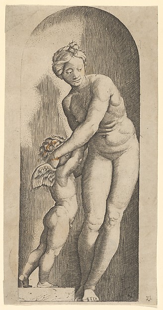 Marcantonio Raimondi, Venus and Cupid standing in a niche