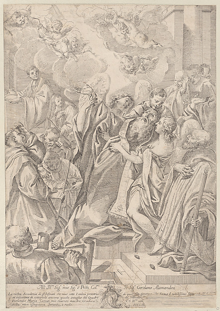 Anonymous, A saint at right, Saint John Nepomuk (?), surrounded by figures, raising his hands towards angels at upper left