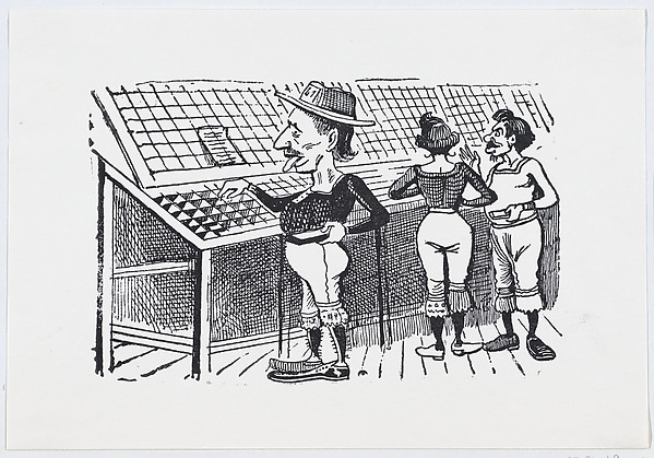 José Guadalupe Posada, A man wearing bloomers and a hat looking through merchandise