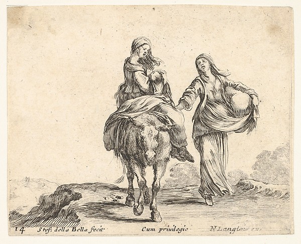 Stefano della Bella, Plate 14: a young peasant woman and her child sitting side saddle atop a horse in center, another peasant woman to right, holding a large bag in her left arm, from "Diversi Capricci"