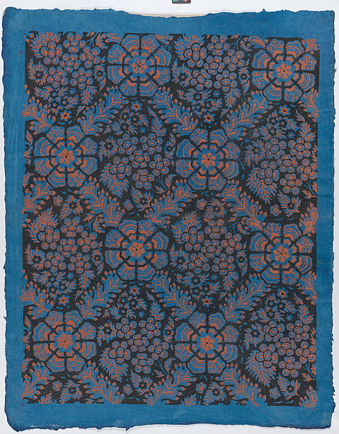 Anonymous, Sheet with overall floral pattern on blue background