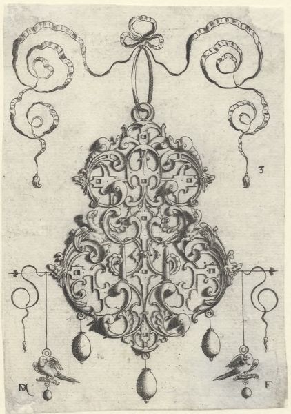 Mignot, Daniel, (active 1593-1596), (printmaker), Strapwork pendants: Strapwork pendant, below left and right, as earrings, two birds