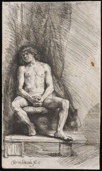 Rembrandt van Rijn, Nude man seated before a curtain