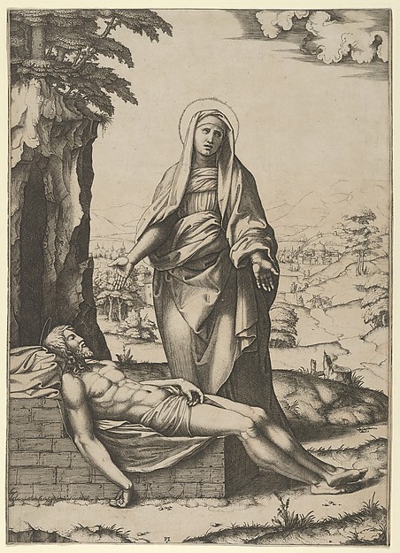 Marcantonio Raimondi, The Pietà: the Virgin standing over the dead Christ, her hands outspread