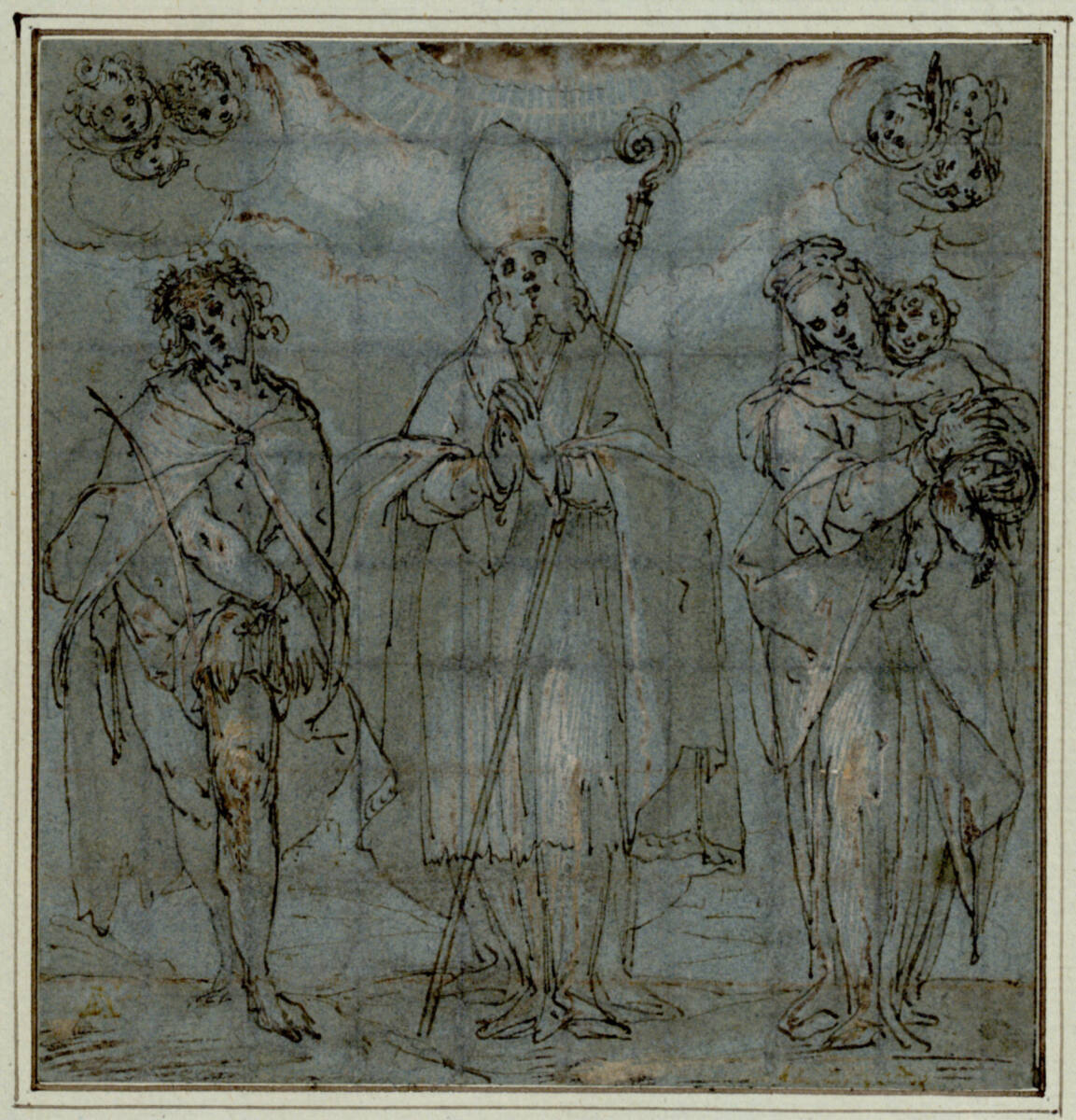 Anonym, Ein heiliger Bischof zwischen Christus als Schmerzensmann und Maria mit dem Kind; in den Ecken oben Engelsköpfe