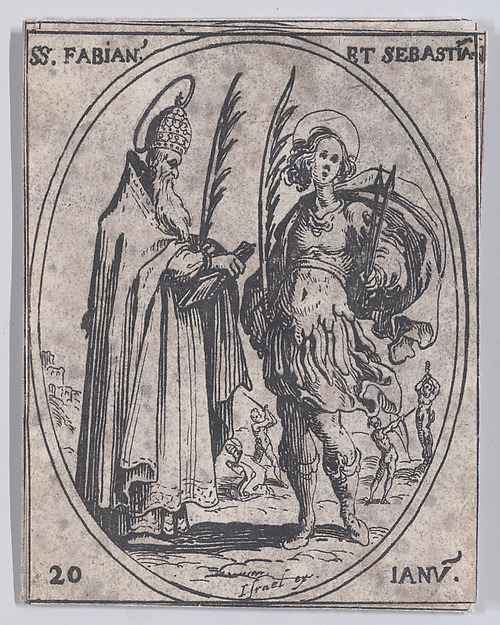 Jacques Callot, S. Fabien et S. Sébastien (St. Fabian and St. Sebastian), January 20th, from "Les Images De Tous Les Saincts et Saintes de L'Année" (Images of All of the Saints and Feast Days of the Year)