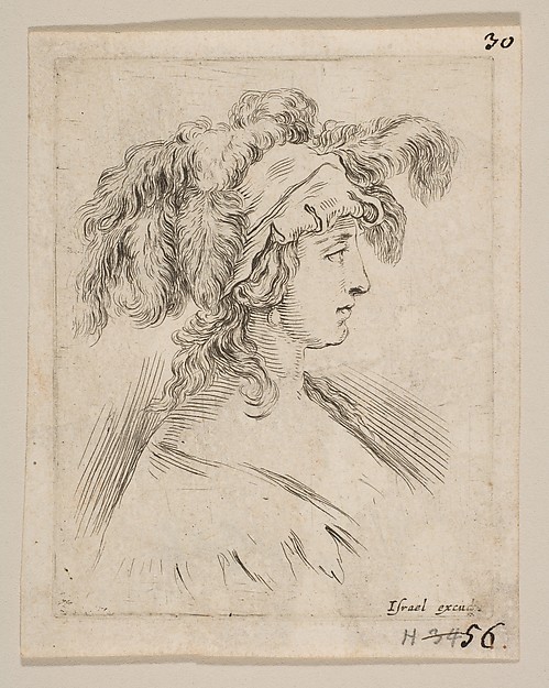Stefano della Bella, Plate 15: mid-bust of a young woman in profile wearing a hat topped with feathers, from 'The Book for Learning to Draw' (Livre pour apprendre à dessiner)