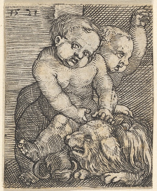 Barthel Beham, Two Boys Playing with a Dog