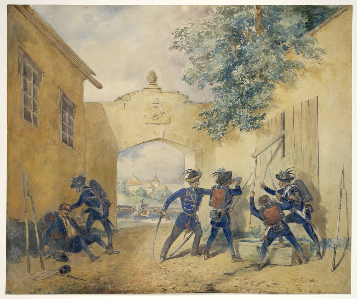 Anonym, Sich an einem Brunnen labende Soldaten im Hof eines Anwesens; durch das Tor des Hofes Blick auf vorbeiziehendes Heer, dahinter Schloß in Landschaft