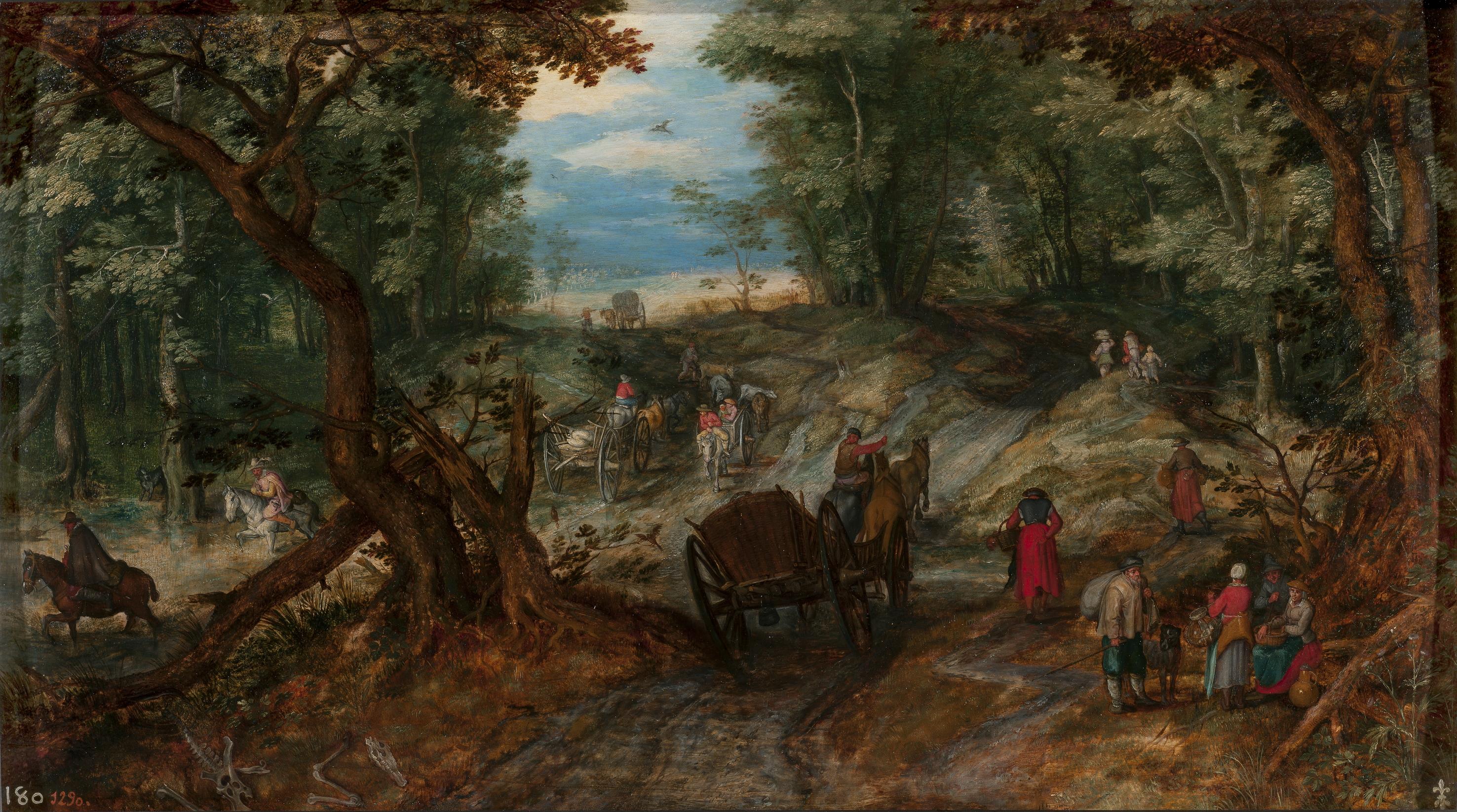 Jan Brueghel the Elder, Forestroad next to a fordable pond wiht travelers