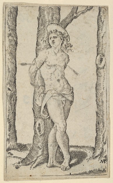 Marcantonio Raimondi, Saint Sebastian tied to tree pierced with arrows, from "Piccoli Santi" (Small Saints)