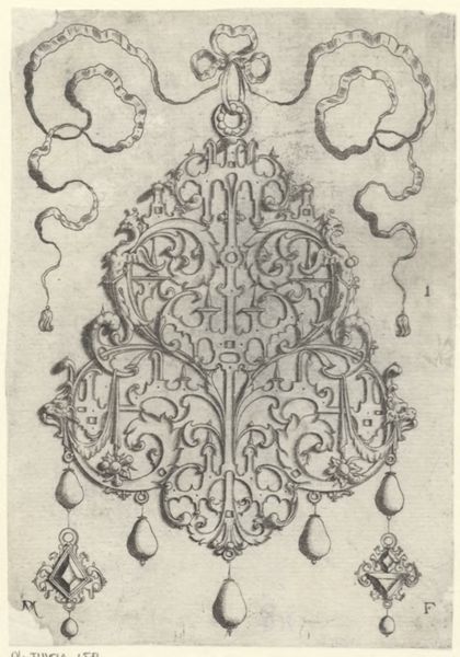 Mignot, Daniel, (active 1593-1596), (printmaker), Strapwork pendants: Large strapwork pendant, lower left and right, as earrings, two hangers