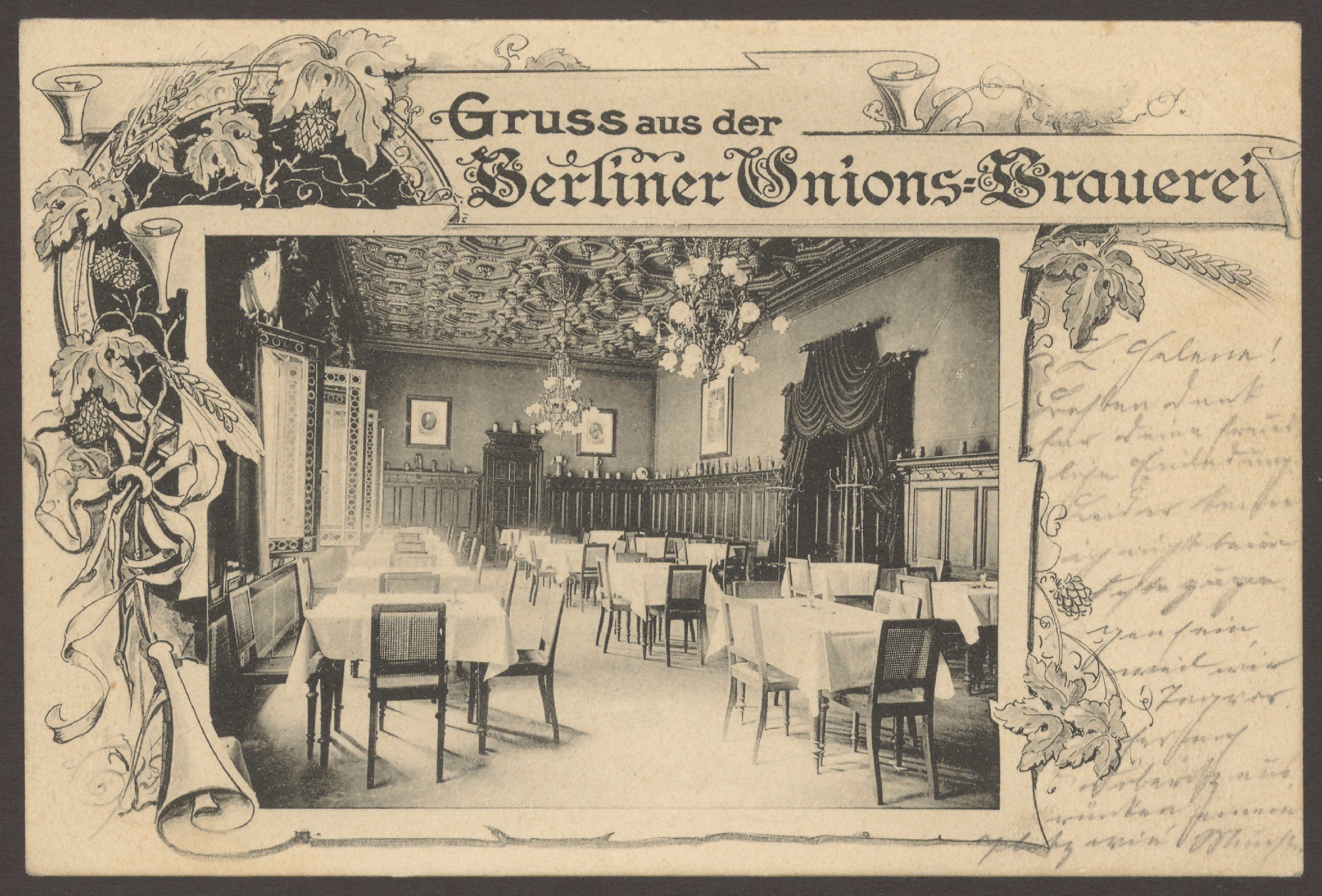 Unknown artist, Ansichtskarte Hasenheide, Innenraum der Berliner Unions-Brauerei [1/3]
