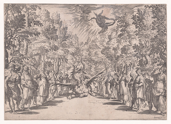Agostino Carracci, Stage set for the marriage of Ferdinand de' Medici and Christine of Lorraine in Florence in 1589; Apollo and the Python