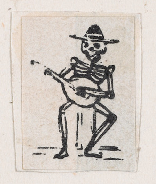 José Guadalupe Posada, Skeleton playing the guitar, from a broadside entitled 'De este famoso hipodromo en la pista, no faltara ni un solo periodista', published by Antonio Vanegas Arroyo.
