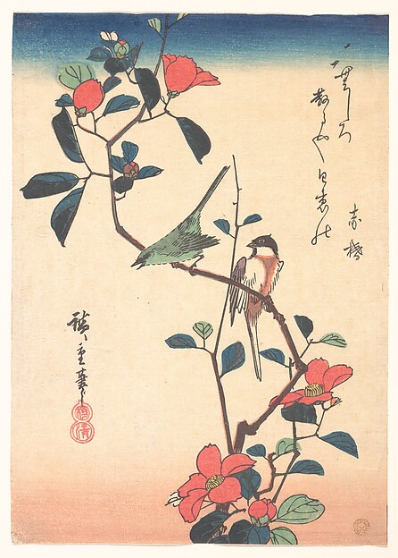 Utagawa Hiroshige, Japanese White-eye and Titmouse on a Camellia Branch