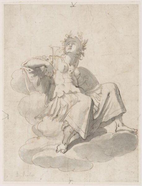 Unknown, Allegorical figure in armour with a trumpet, seated on a cloud