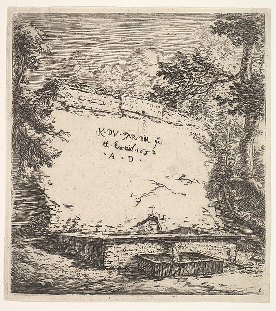 Karel Dujardin, Frontispiece with stepped fountain; a stone wall with water spout pouring water into a rectilinear basin, from which a second spout pours water into a smaller rectilinear basin, flanked by tree branches