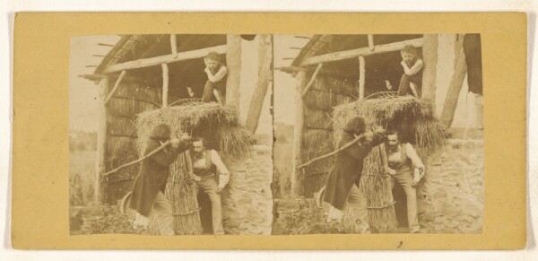 Unknown, [Men fighting in haystack, another man above in loft]