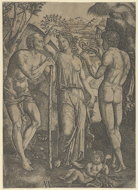 Marcantonio Raimondi, An allegorical scene; a young woman at centre holding a wreath above her head, at left is a old man leaning on a stick, a younger man at right who holds a small dragon